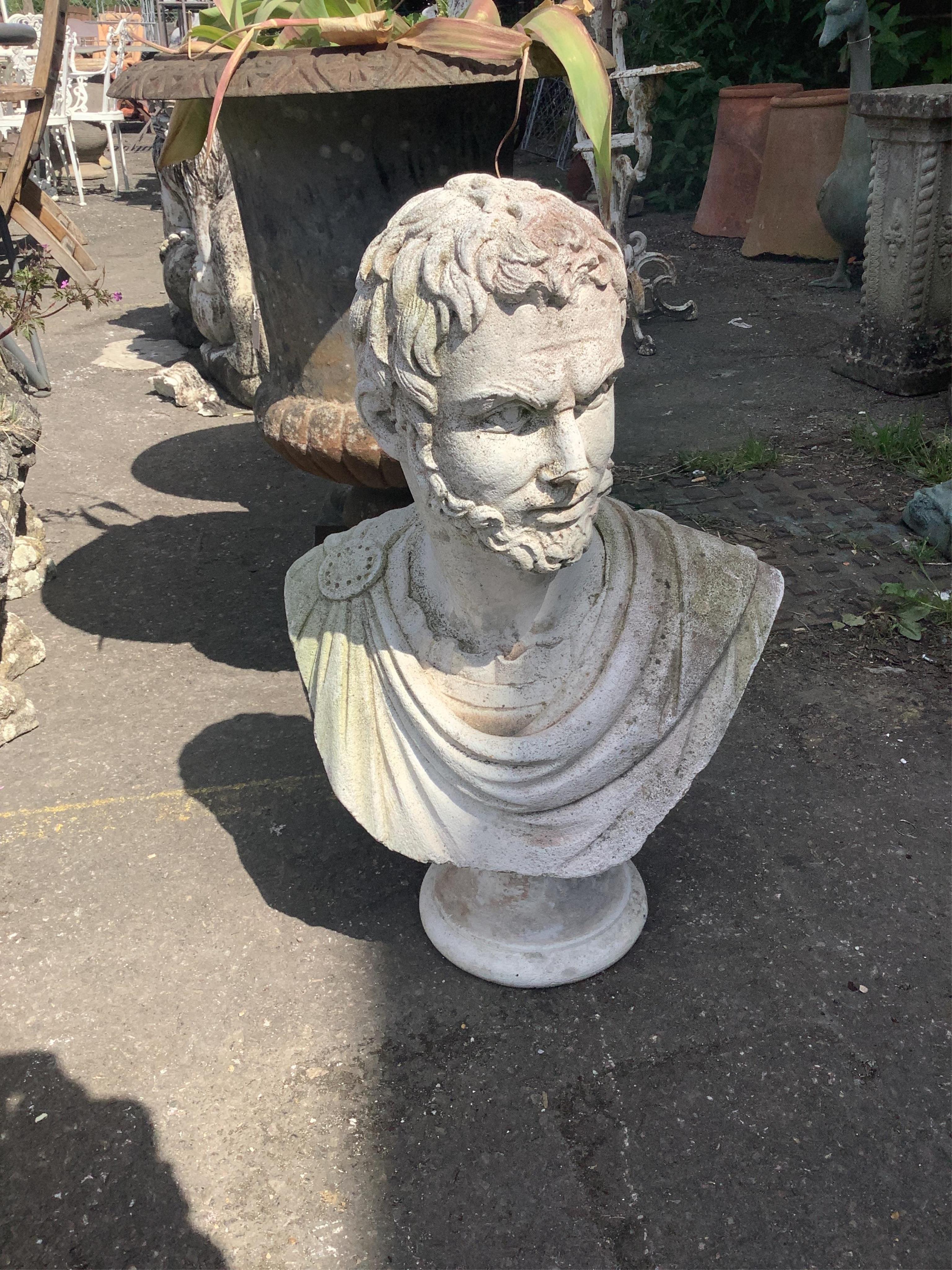 A reconstituted stone classical Roman bust garden ornament, height 62cm